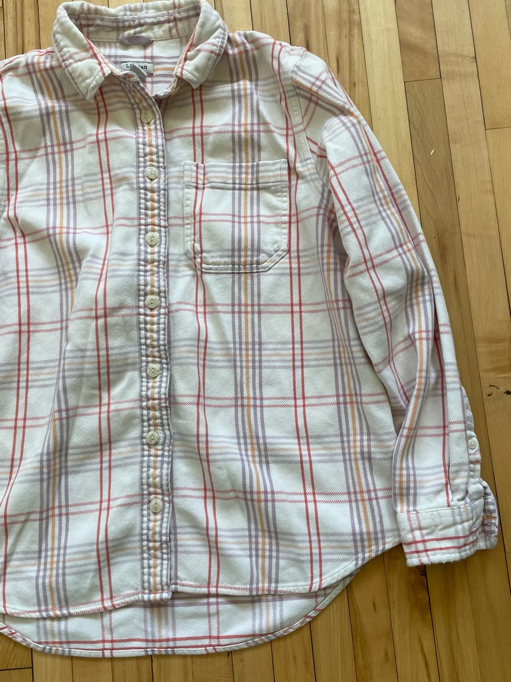 L.L.Bean white/pink 100% organic cotton plaid button-up shirt